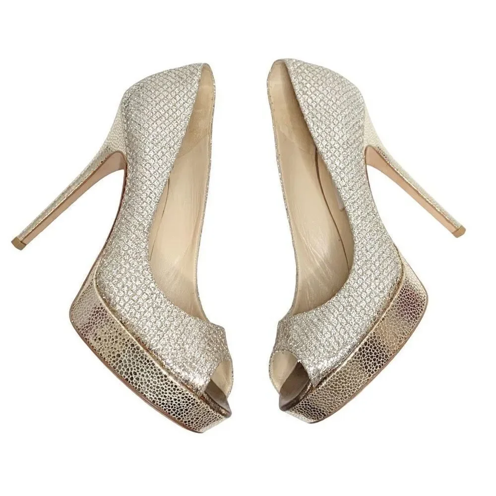 Jimmy Choo Gold Champagne Glitter Luna Peep Toe Platform Pumps Women’s Size 38.5